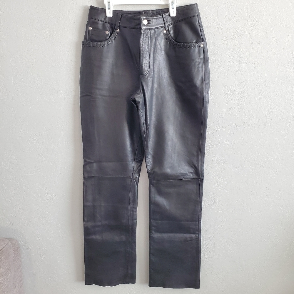 Saguaro Womens Black Leather Pants Jean Style 5 Pocket Lined Moto Biker Size 10